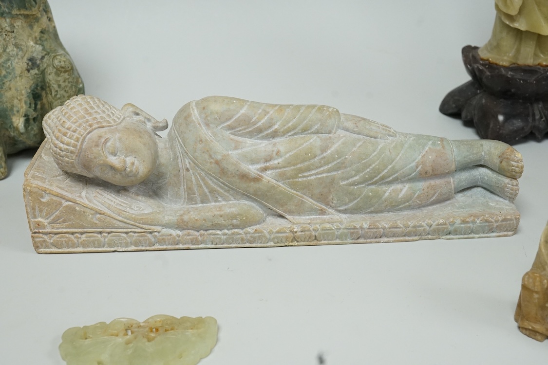 A collection of hardstone carvings, reclining figure 20cm